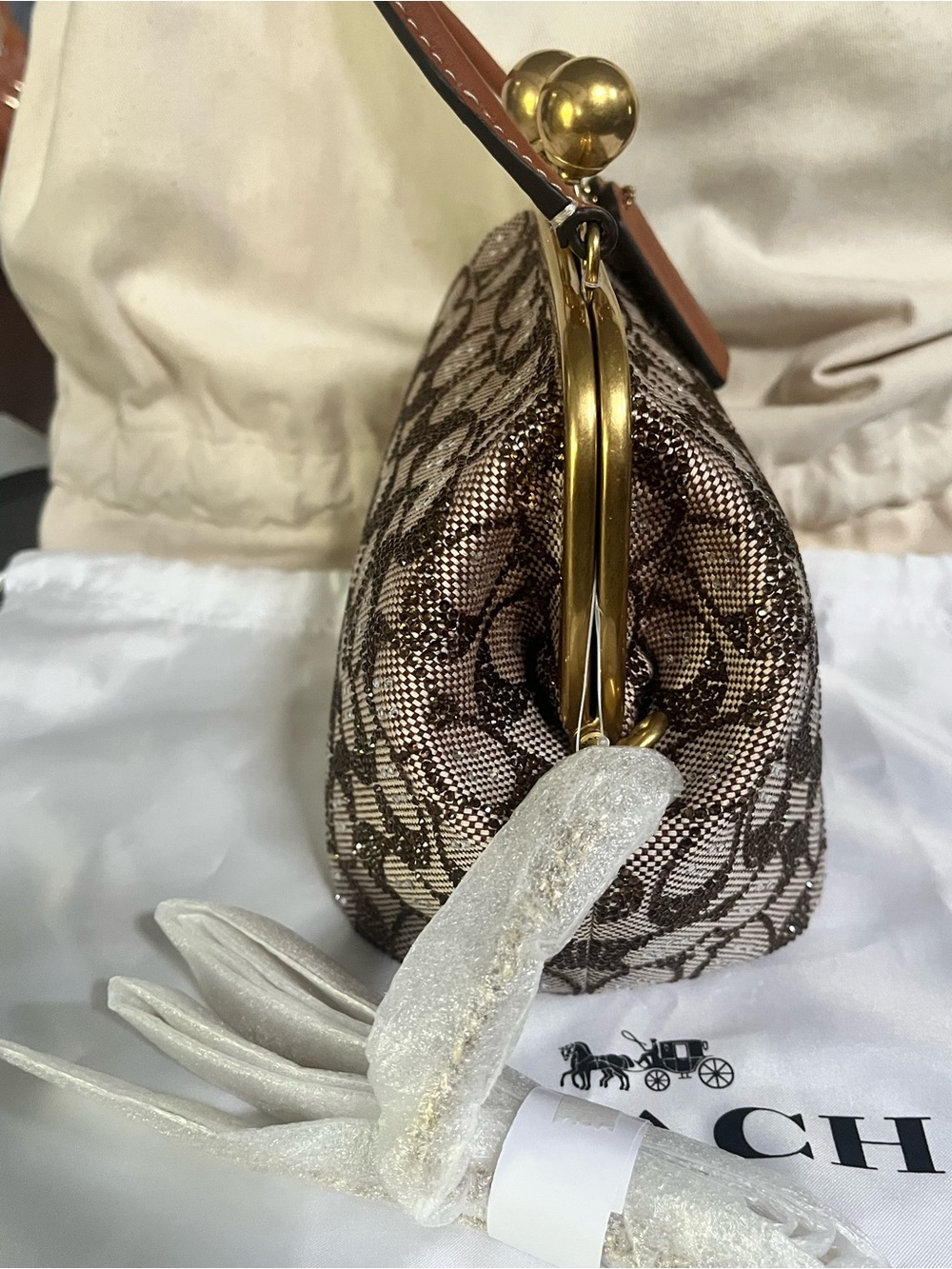 Coach Brown Signature Kiss-Lock Frame (16) comes with tags, strap, dust bag. New - Picture 6 of 7